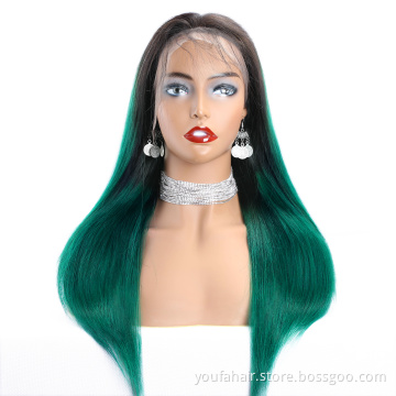 Brazilian Transparent Lace Human Hair Wig Ombre 1B Green Lace Frontal Wigs 13x4 Straight Hair HD Lace Front Wigs for Black Women